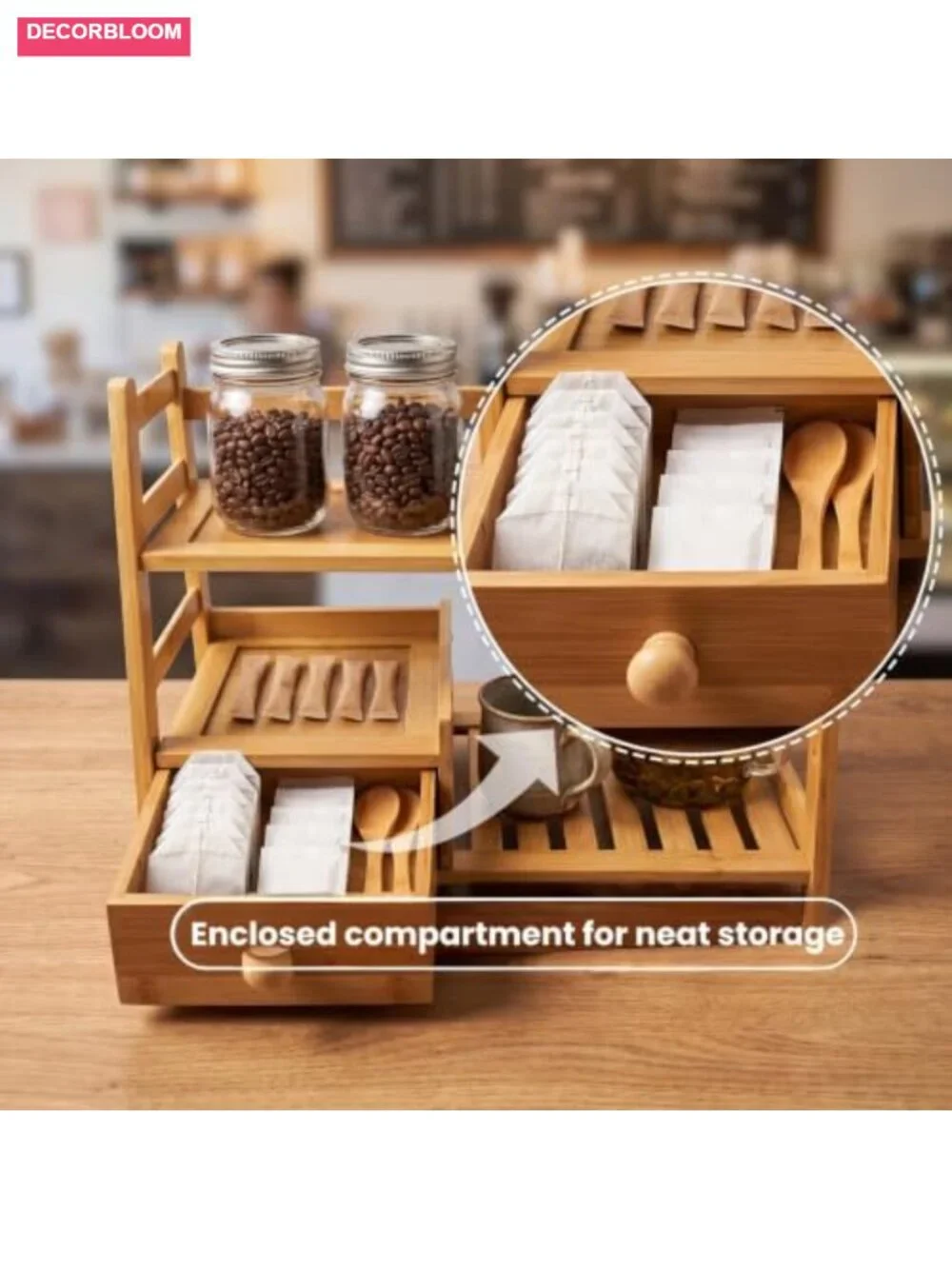 Bamboo Tea Matcha Coffee Storage Organizer with Drawer, Two-Tier